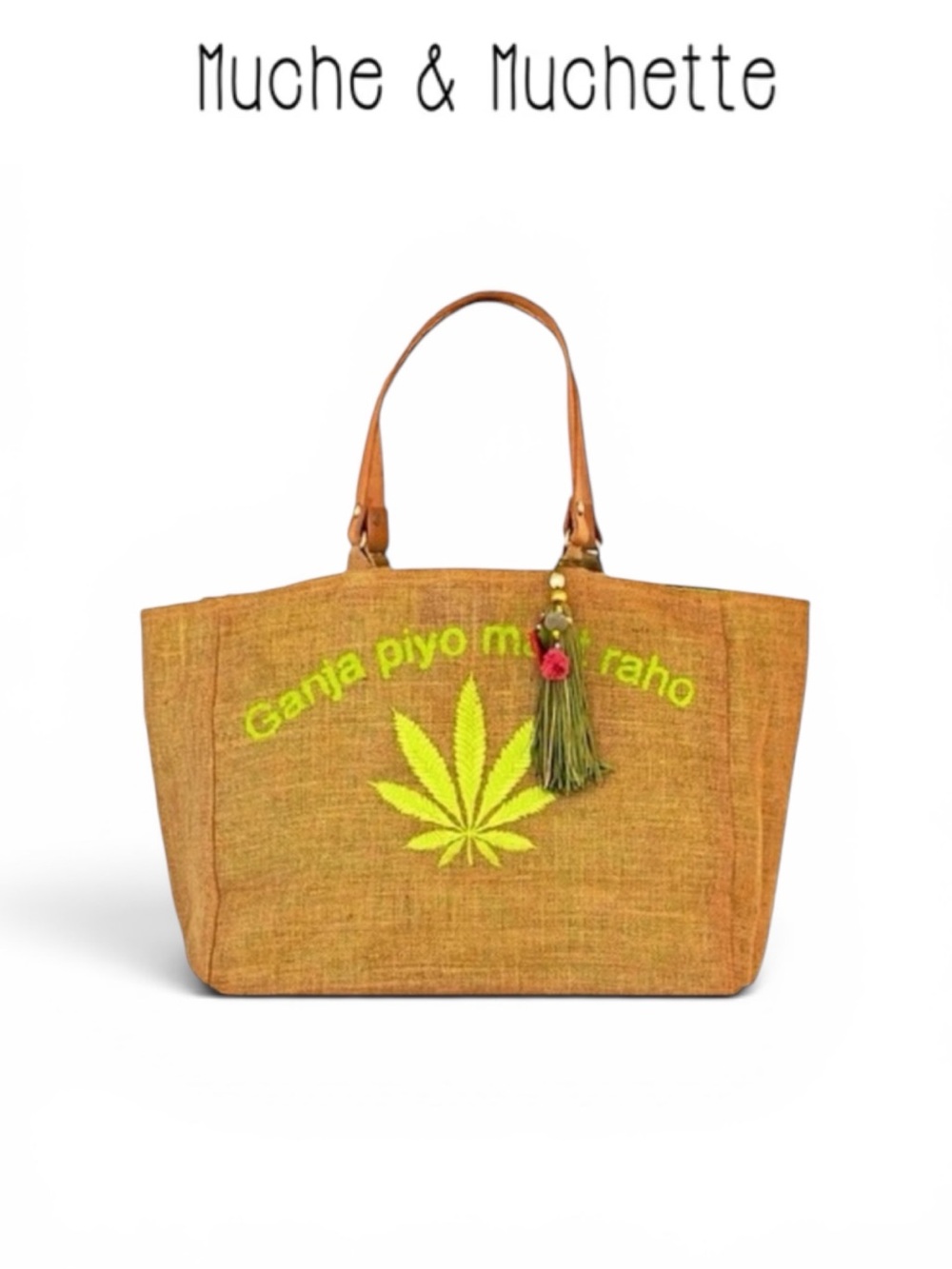 MUCHE ET MUCHETTE PARIS C’EST LA VIE OVERSIZED BURLAP GREEN LINED BEACH TOTE BAG